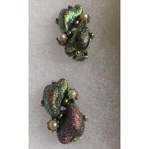 Vtg Earrings Clip Laguna Carnival Glass Aurora Borealis Iridescent Lava Unique
